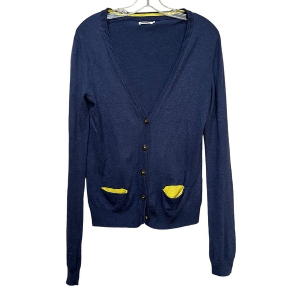 Mini Boden Johnnie B Large Kids Cashmere Navy Yellow Button Cardigan Sweater Y3 - Picture 1 of 5